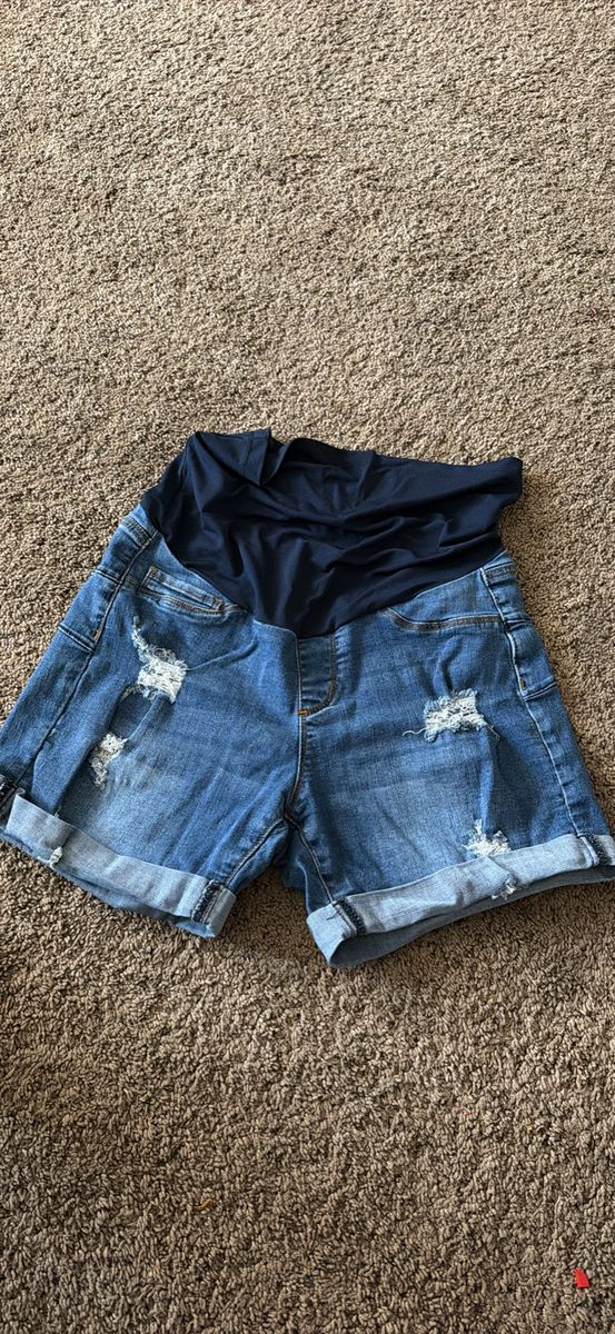 Distressed Denim Maternity Shorts with Full Belly Panel