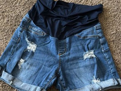 Distressed Denim Maternity Shorts with Full Belly Panel
