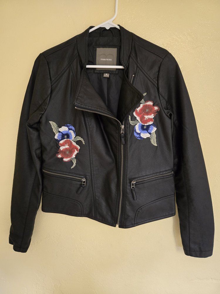 Maurices Black Faux Leather Moto Jacket with Floral Embroidery Size S