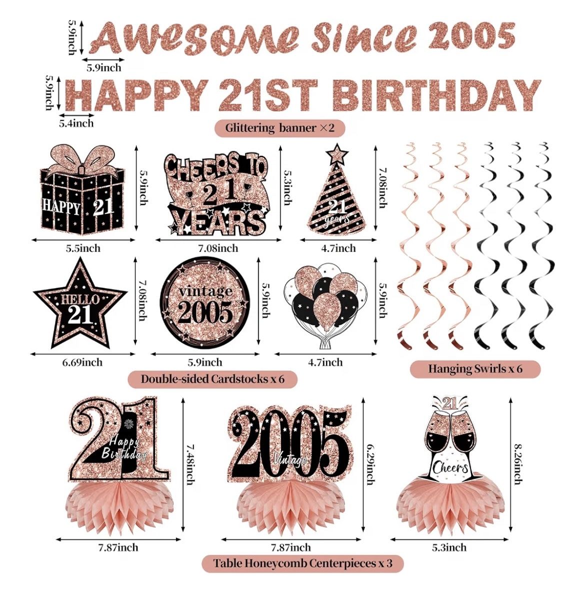 21st Birthday Party Decoration Set - Rose Gold Rose Gold Glitter Banners, Centerpieces & Swirls