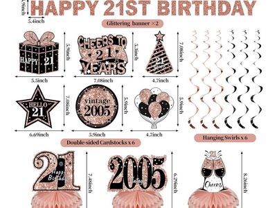 21st Birthday Party Decoration Set - Rose Gold Rose Gold Glitter Banners, Centerpieces & Swirls