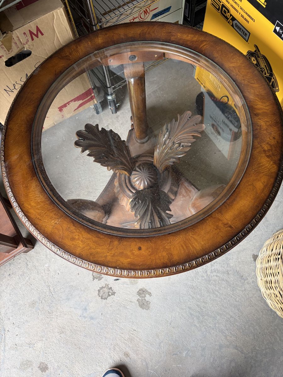 Solid wood palm base glass top table
