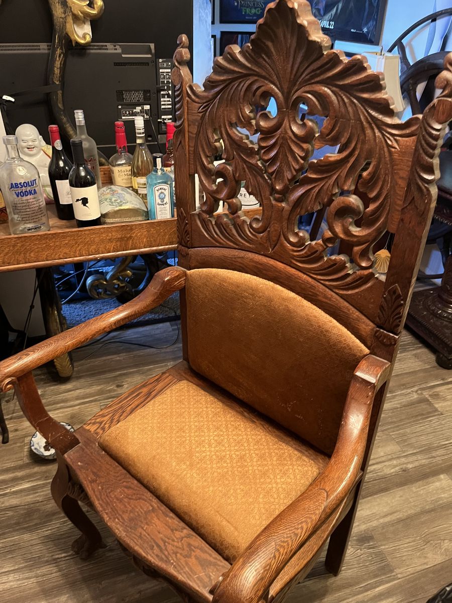 Photographer Chair  Ornate Hand-Carved Wood Armchair with Upholstered Seat - Vintage Furniture Piece
