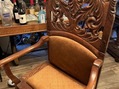 Photographer Chair Ornate Hand-Carved Wood Armchair with Upholstered Seat - Vintage Furniture Piece