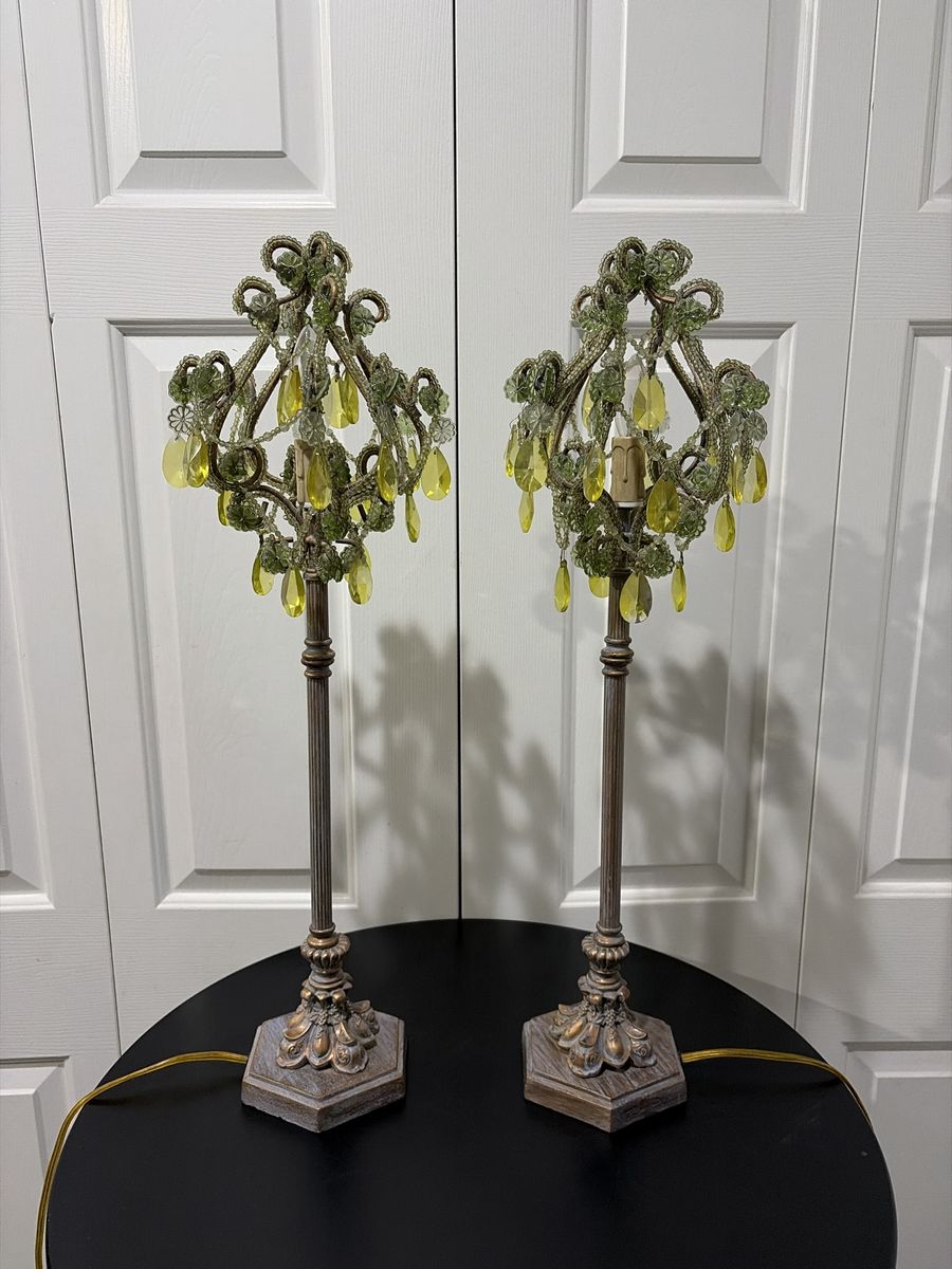 Pair of Vintage Accent Table Lamps with Green Acrylic Beaded Shades and Ornate Bases