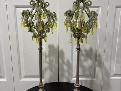 Pair of Vintage Accent Table Lamps with Green Acrylic Beaded Shades and Ornate Bases