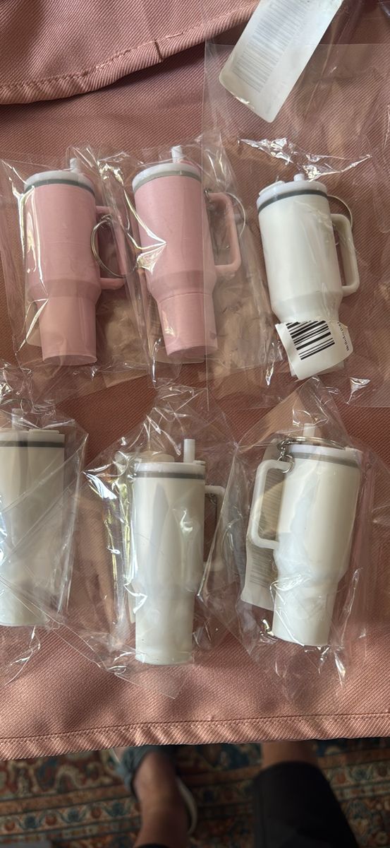 Mini Tumbler Keychain Set Pink and White Novelty Keyrings Lot of 6