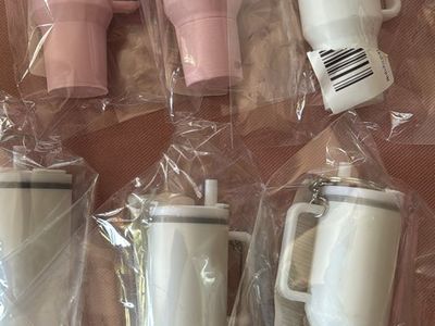 Mini Tumbler Keychain Set Pink and White Novelty Keyrings Lot of 6