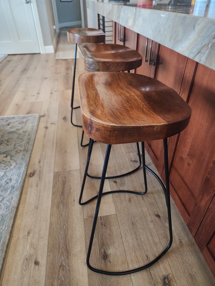 Set of 3 Natural Brown Mango Wood and Black Metal Frame Backless 29 inches tall Barstool