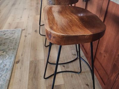 Set of 3 Natural Brown Mango Wood and Black Metal Frame Backless 29 inches tall Barstool