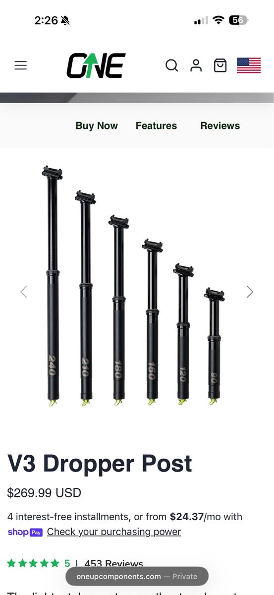 oneup V3 Dropper Post 30.9 180 Travel.