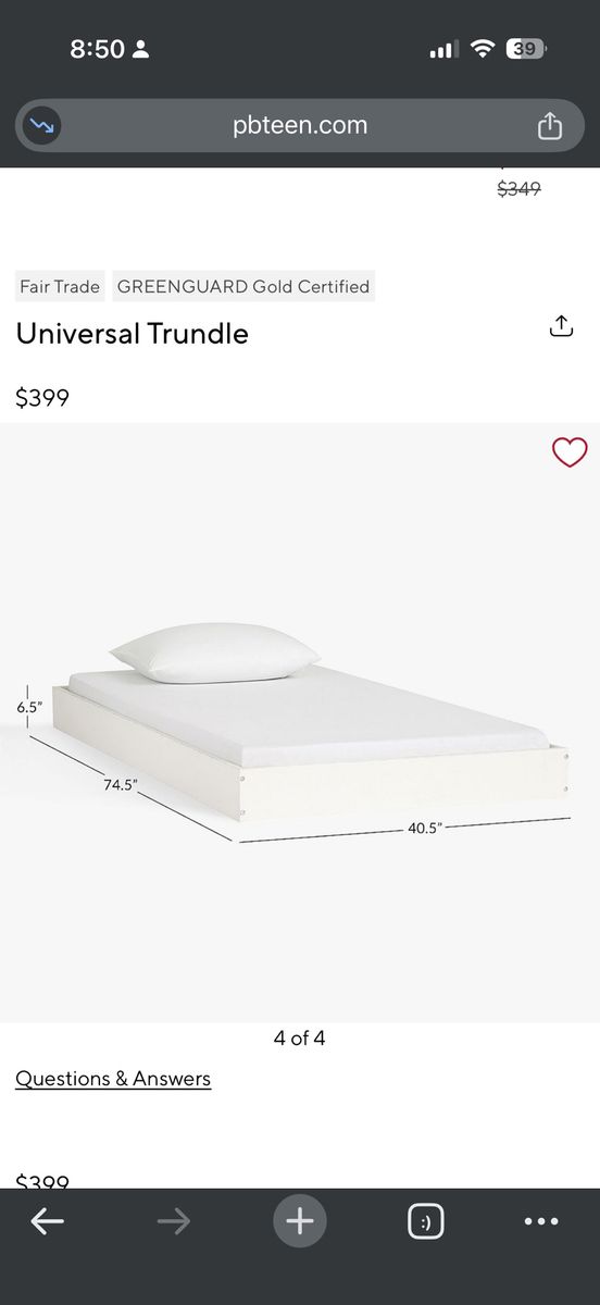 Pottery Barn Teen Universal Trundle Bed - & mattress. White, GREENGUARD Gold Certified