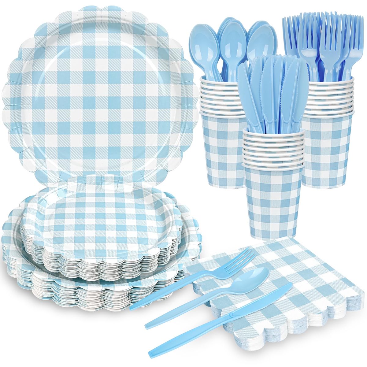 200 Pcs Gingham Party Supplies Blue Gingham Paper Plates and Napkins Set Disposable blue and White plaid Scalloped Paper Plates 