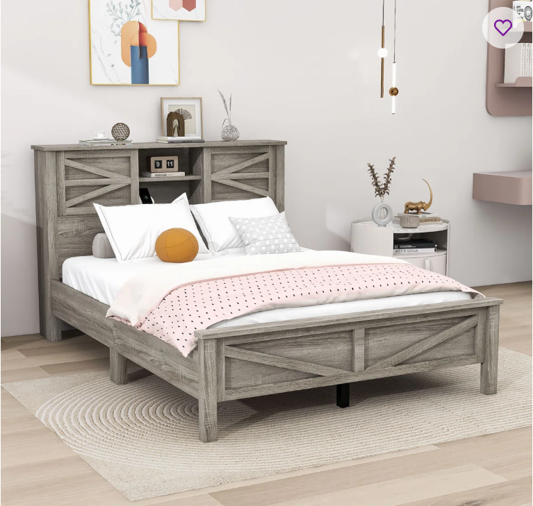 FULL Farmhouse Platform Bed with Double Sliding Barn Door and Charging Station SONOMA  OAK GREY