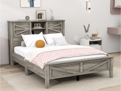 FULL Farmhouse Platform Bed with Double Sliding Barn Door and Charging Station SONOMA OAK GREY