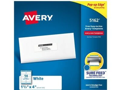 Avery Easy Peel Address Labels With Sure Feed Technology, 5162, Rectangle, 1-1/3" x 4", Matte White, Box Of 1,400