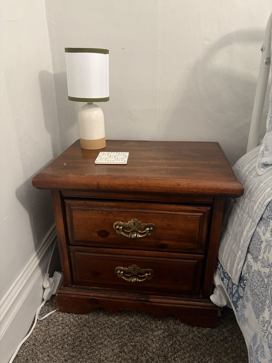 Vintage Solid Wood 2-Drawer Nightstand - Dark Brown Finish with Brass Hardware