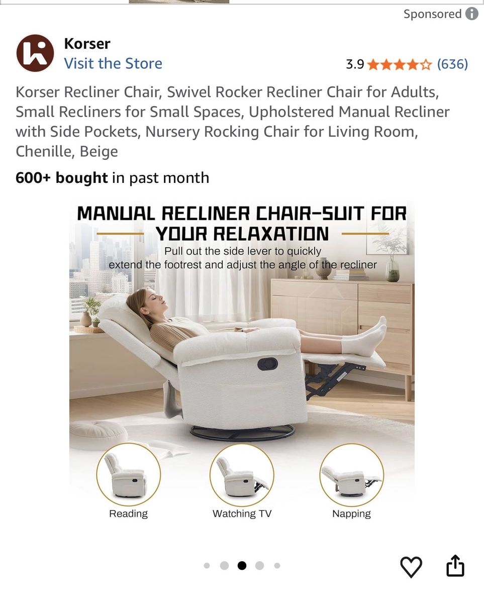 Korser Beige Chenille Swivel Rocker Manual Recliner Chair w/ Side Pockets - Nursery/Living Room