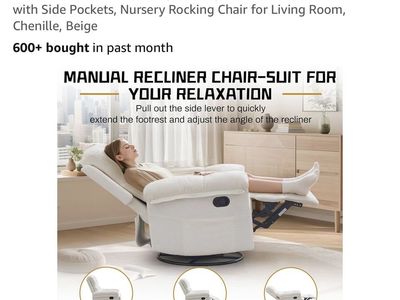 Korser Beige Chenille Swivel Rocker Manual Recliner Chair w/ Side Pockets - Nursery/Living Room
