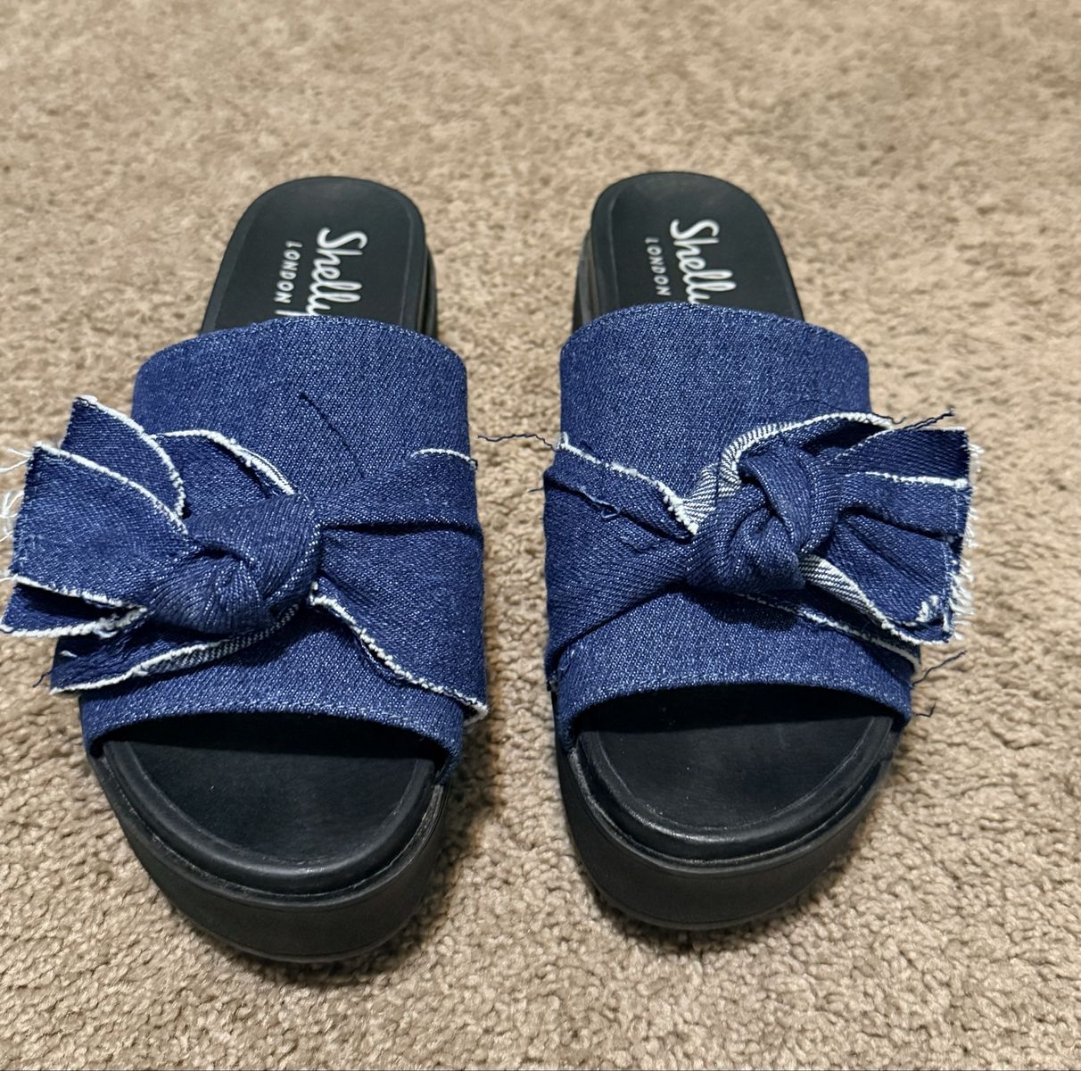 NEW Shellys London Denim Bow Platform Slide Sandals, Women's Size 9 (40)