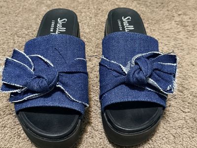 NEW Shellys London Denim Bow Platform Slide Sandals, Women's Size 9 (40)