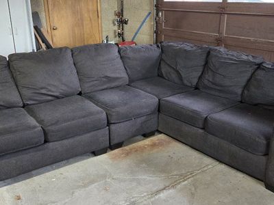 large dark blue suede l sectional couch