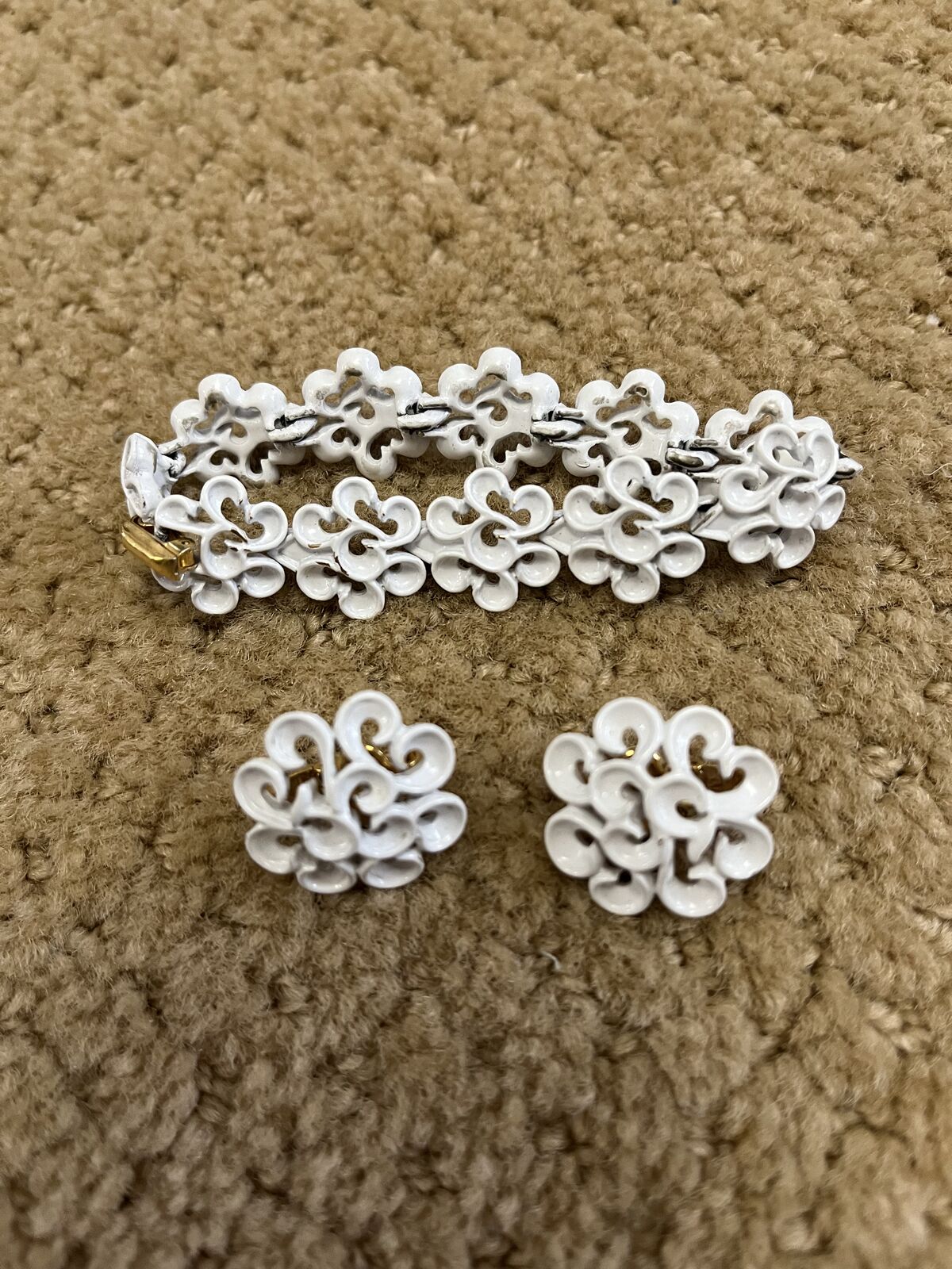 Vintage Bright White Metal Bracelet and Earring Set - 1960's