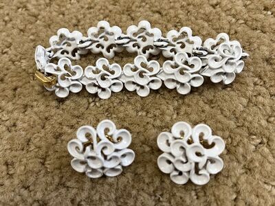 Vintage Bright White Metal Bracelet and Earring Set - 1960's