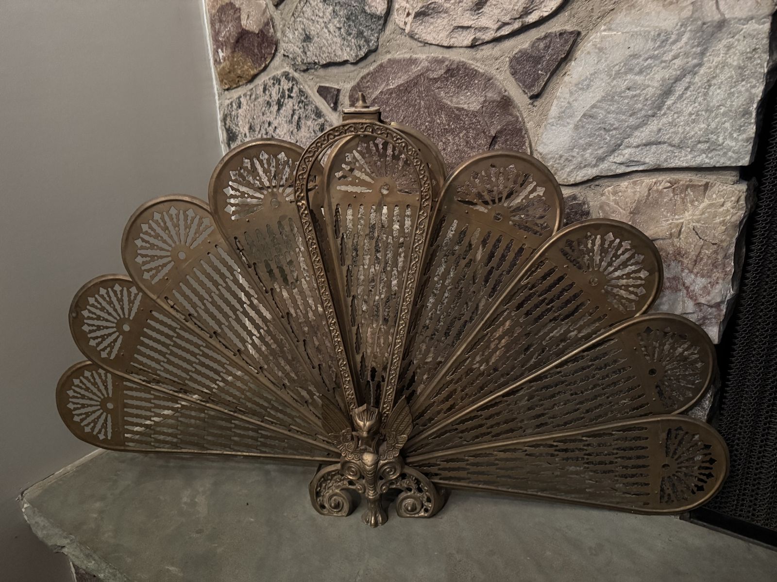 Vintage Brass Fireplace Fan Screen - Ornate Peacock Design, Folding Art Deco Style