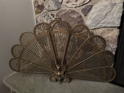 Vintage Brass Fireplace Fan Screen - Ornate Peacock Design, Folding Art Deco Style