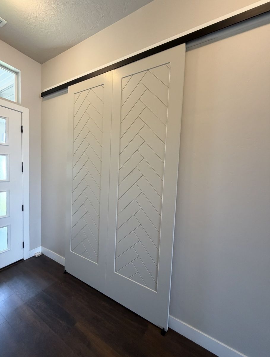 Custom Extra Tall Solid Core Herringbone Doors - Benjamin Moore Revere Pewter - 105.25" x 32"