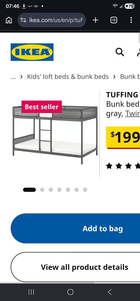 IKEA TUFFING Bunk Bed, Twin Size, Gray, Space-Saving Design