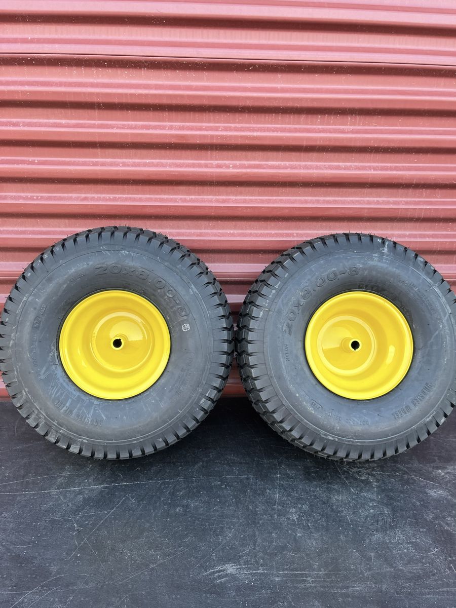 Brand New Set of 2 Hoosier 20X8.00-8.     Rear Lawn Tractor Tires Mounted on New Wheels 3/4” Keyed Bore Deere and Craftsman 