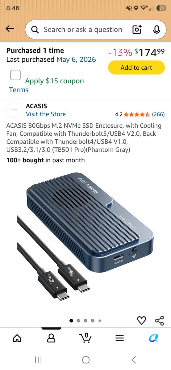 ACASIS 80Gbps M.2 NVMe SSD Enclosure TB501 Pro with Cooling Fan - Thunderbolt 5/USB4 V2.0 Compatible