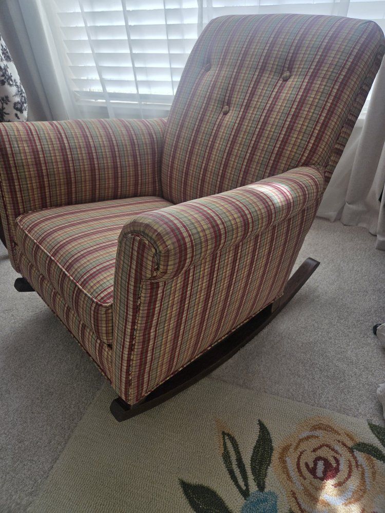 Vintage Striped Upholstered Rocking Chair with Tufted Back