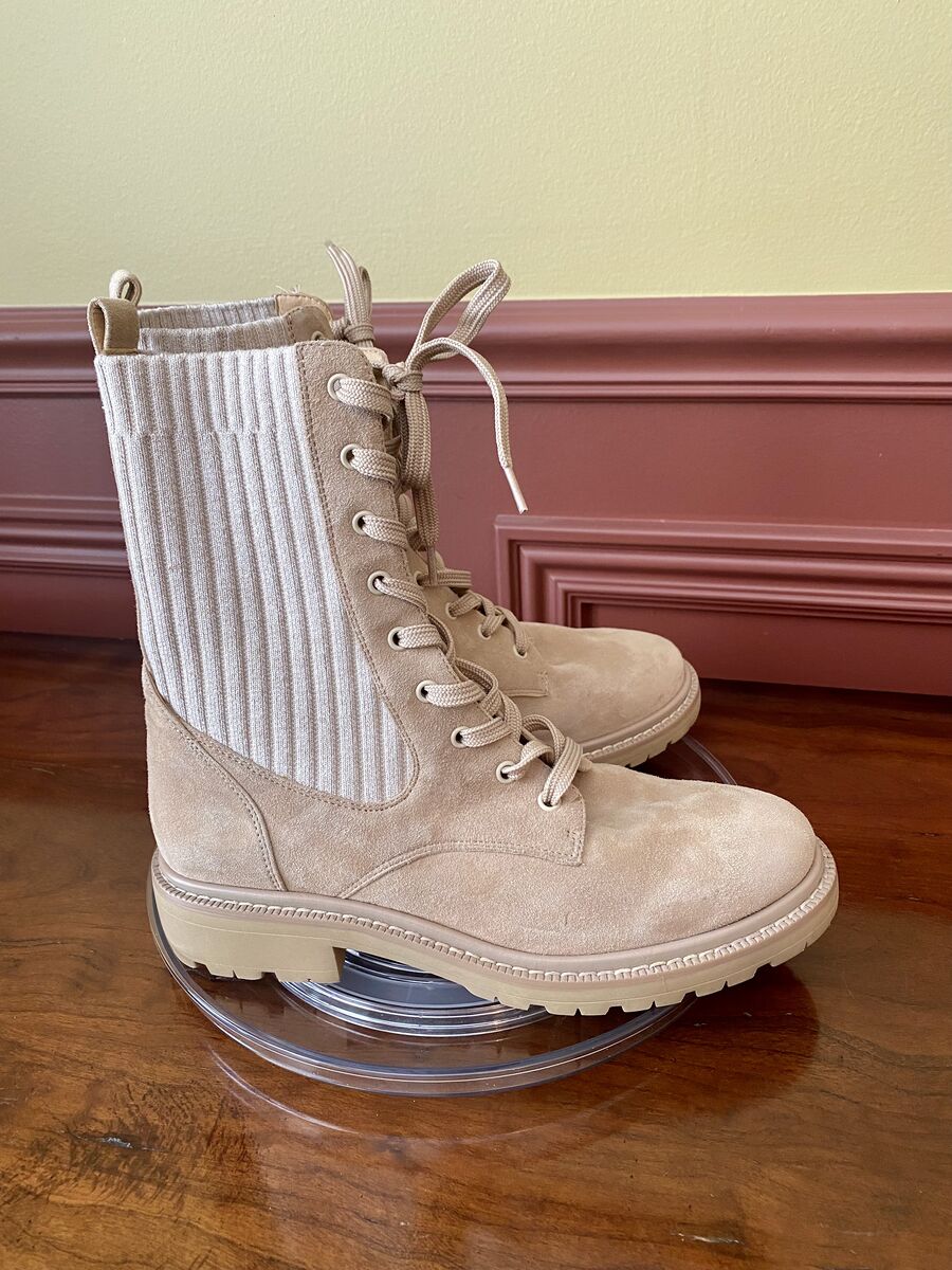 NEW - SAM EDELMAN Lydell Mixed Media Combat BOOTS Sesame Suede Beige- SZ 7.5 C PIX