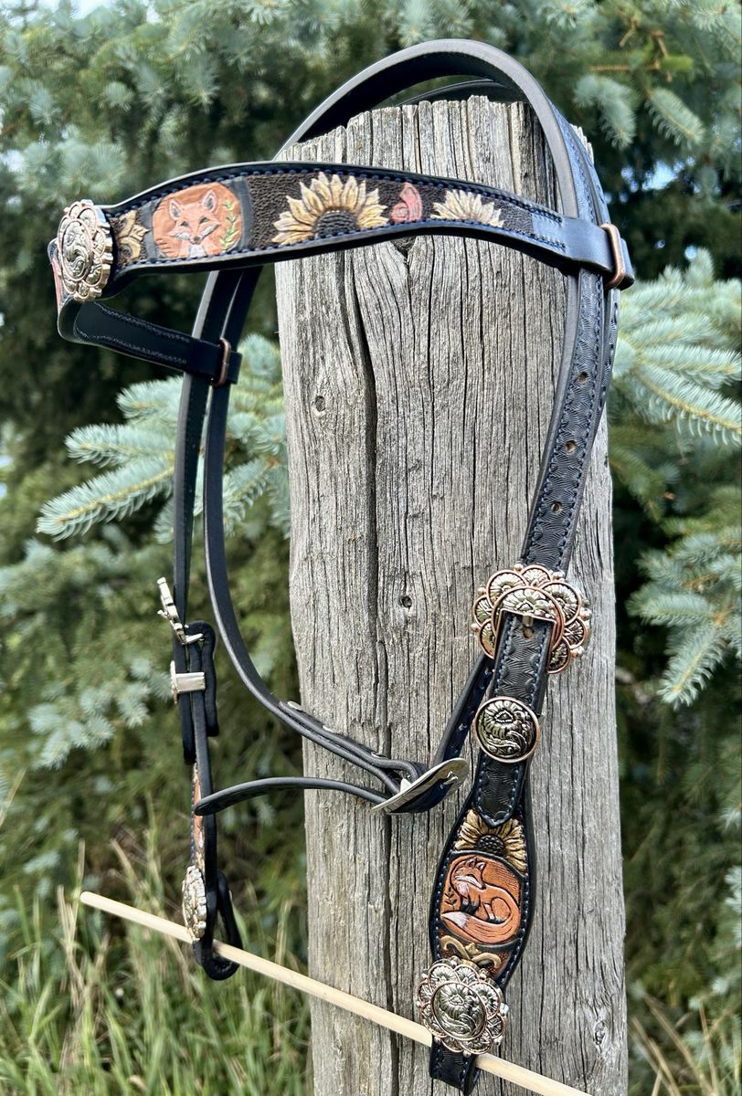 Custom Tooled Leather Horse Bridle Headstall Fox Sunflower Design