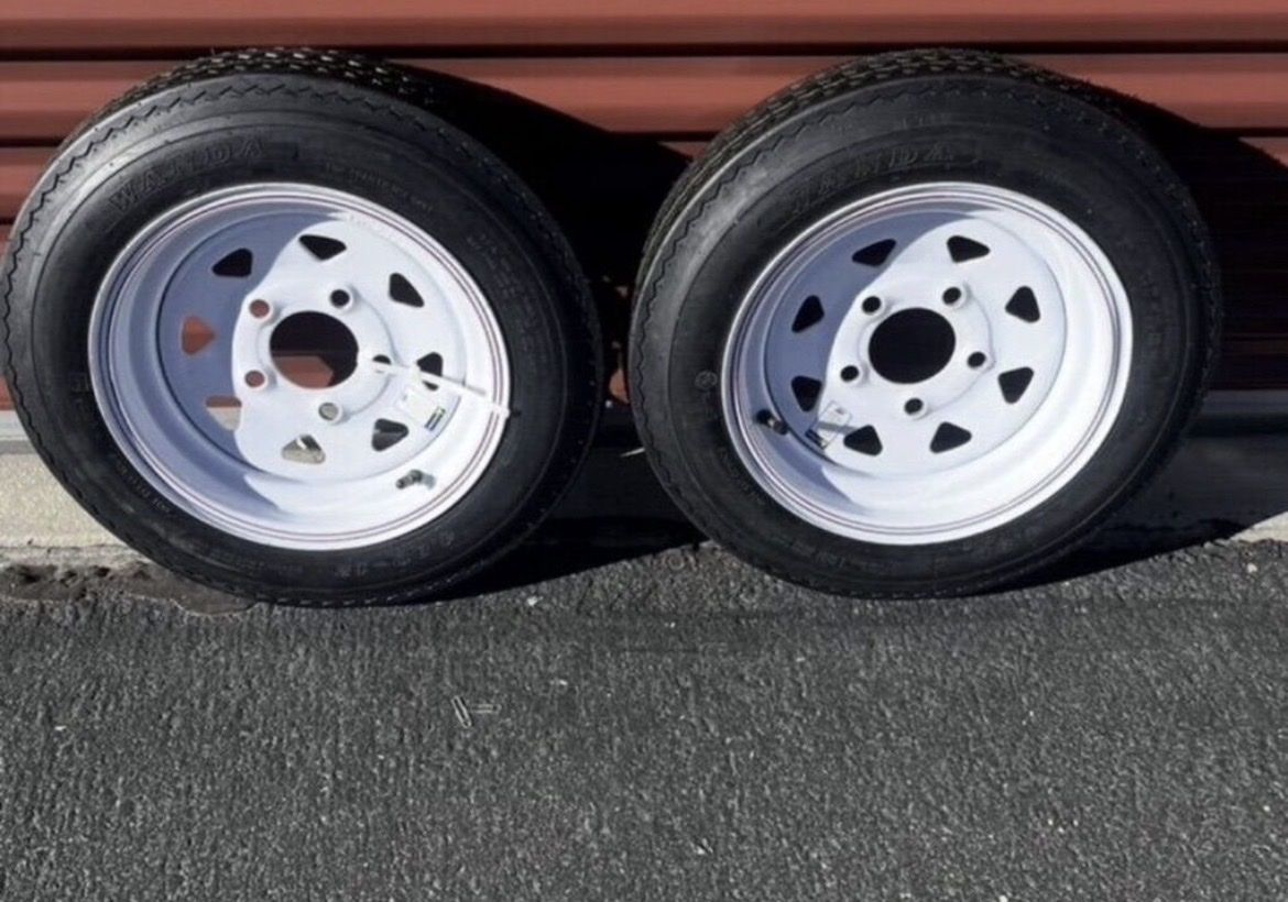 Brand New Set of 2 Wanda ST 4.80-12 Trailer Tires Mounted on New White Spoke Wheels