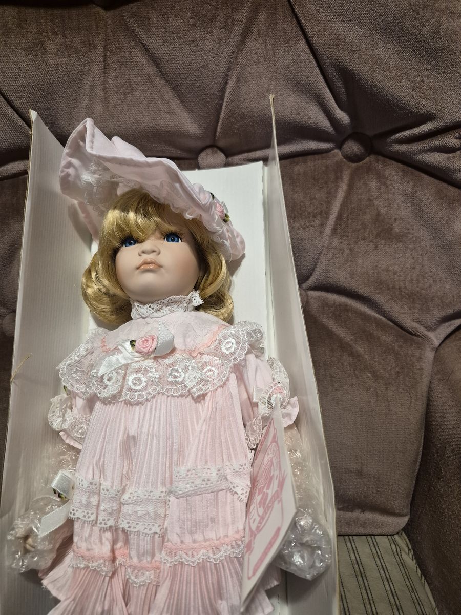 Classic Porcelain Doll "Patricia" with Pink Dress and Hat - Hand Crafted