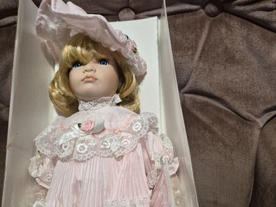 Classic Porcelain Doll "Patricia" with Pink Dress and Hat - Hand Crafted