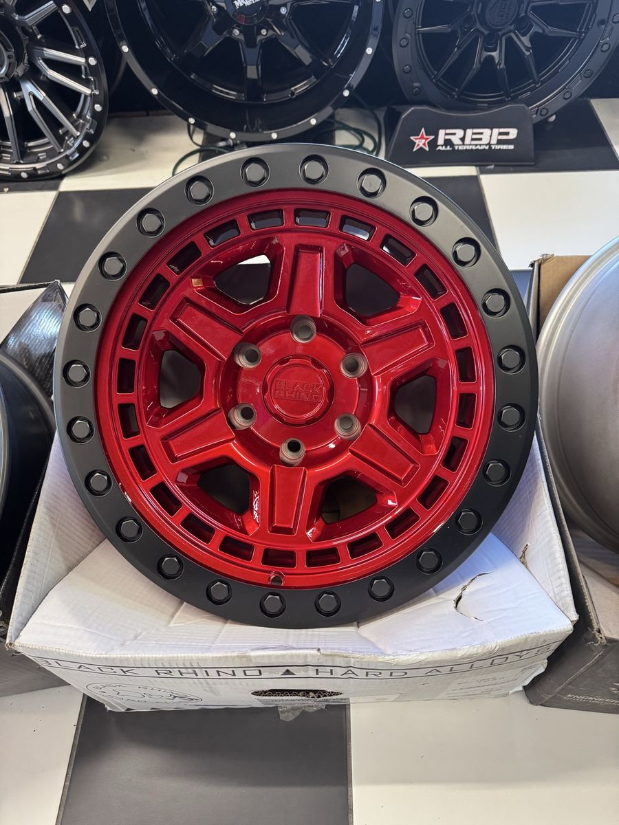 Brand new set of 4 wheels Black Rhino 17x9.0  Candy Red/Black lip lug pattern 6x139.7