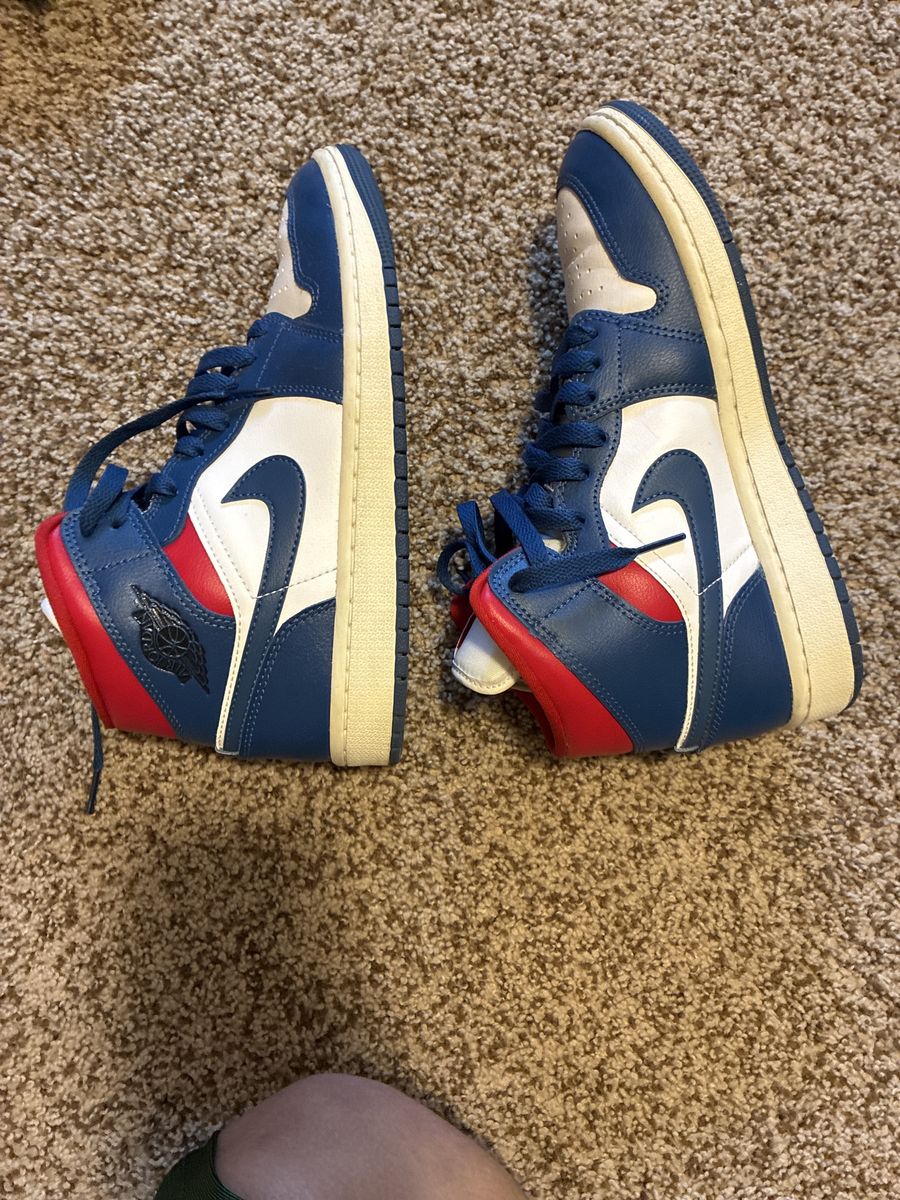 Nike Air Jordan 1 Mid Basketball Sneakers - Blue, White & Red - US Size 7.5