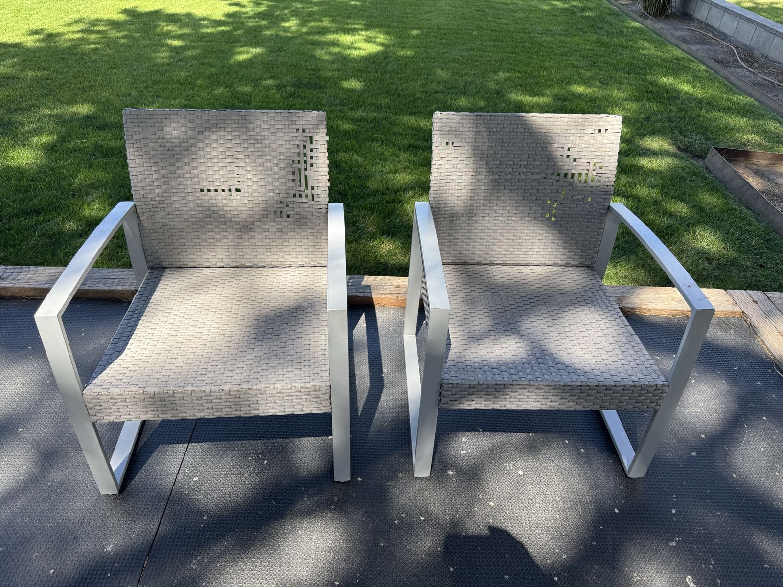 Set of 2 Gray Wicker and Metal Patio Armchairs Outdoor Furniture