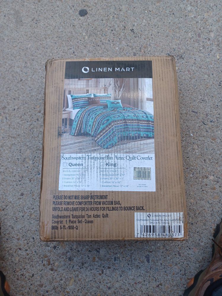 Linen Mart Southwestern Turquoise Tan Aztec Quilt Coverlet Set - Queen Size - 5 Piece