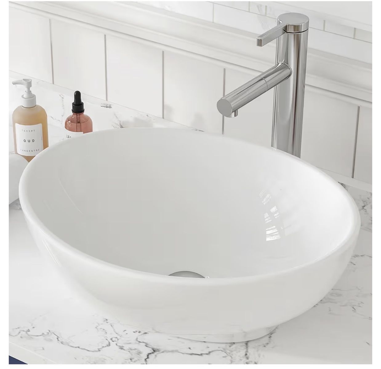 Elite Grade A Ceramic Oval Vessel Sink & Faucet Combo - White, Brushed Nickel Finish