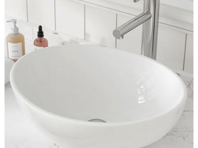 Elite Grade A Ceramic Oval Vessel Sink & Faucet Combo - White, Brushed Nickel Finish