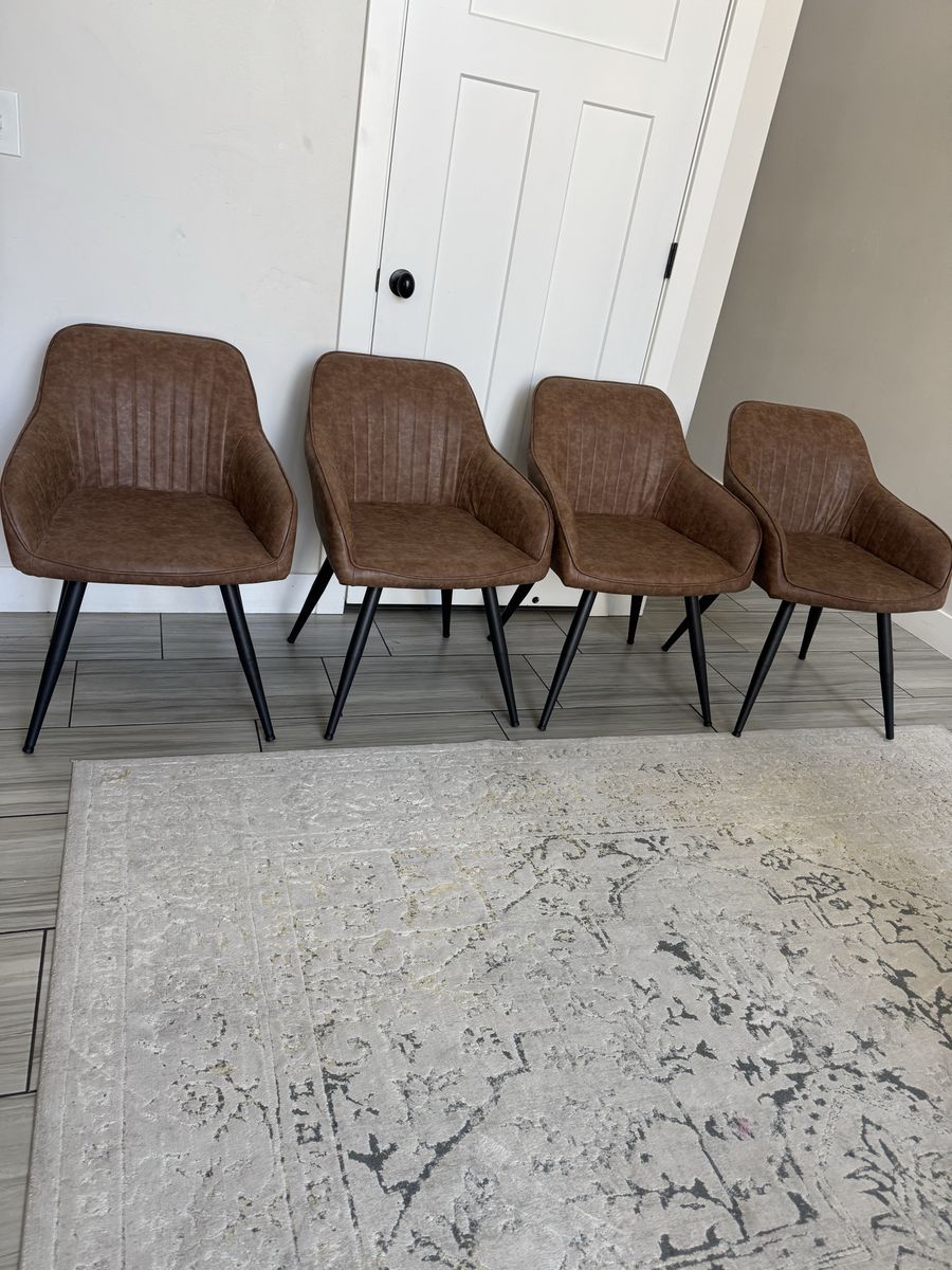 Set of 4 Brown Faux Leather Dining Chairs with Black Metal Legs