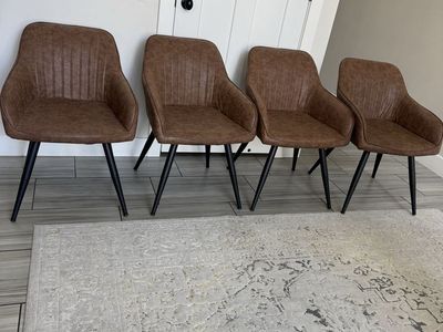 Set of 4 Brown Faux Leather Dining Chairs with Black Metal Legs