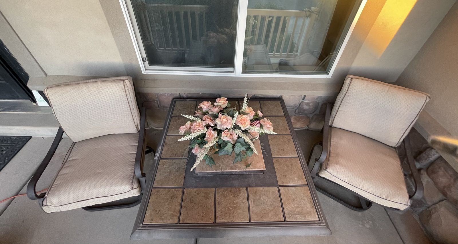 Outdoor Patio Bistro Set - 2 swivel Chairs & Tile-Top built-in fire pit - brown Metal, Beige Cushions