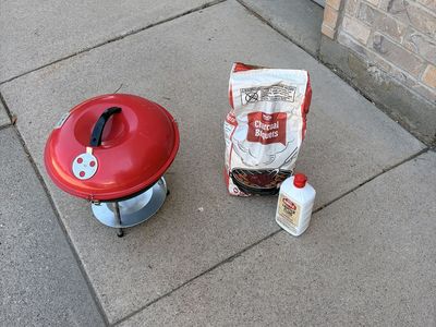 Compact Portable Red Charcoal Kettle Grill Set with Charcoal and Lighter Fluid